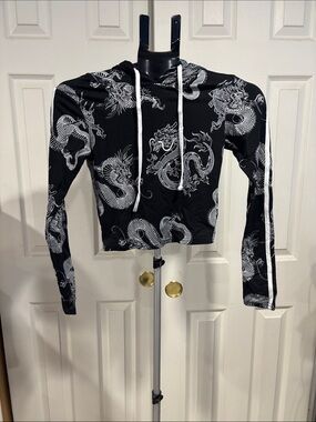 Black Dragon-Print Cropped Hoodie with White Stripes